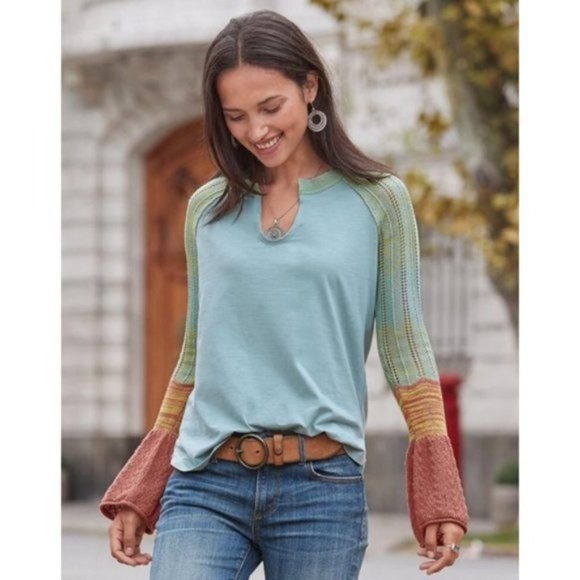 Sundance Tops - Sundance Crochet Knit Ombré Bell Sleeve Blue Top S